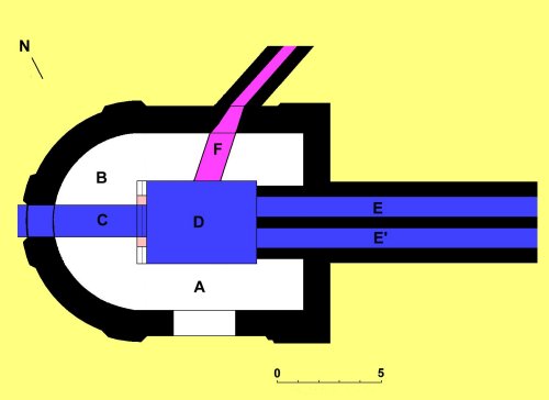 Plan du bassin de sortie de Sainte-Fontaine.<br />
A : banquette ;<br />
B : abside ;<br />
C : canal entre l'arrivée de la source et le réservoir ;<br />
D : réservoir ;<br />
E, E' : double canalisation du pont ;<br />
F : canal d'évacuation.<br />
Croquis de M. Heilig