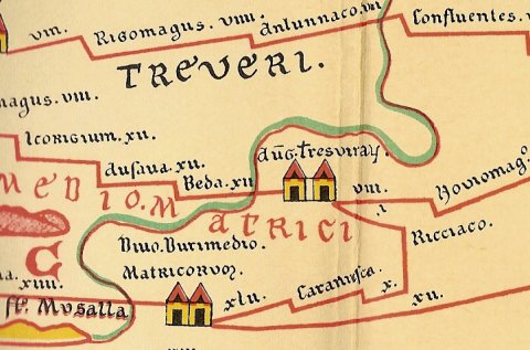 La région des Médiomatriques et des Trévires sur la Carte de Peutinger.