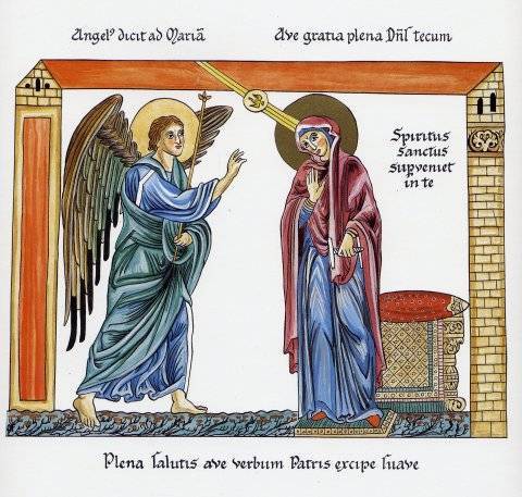 L'Annonciation, avec la colombe, du Hortus Deliciarum, A. Christen et Ch. Gries, Hortus Deliciarum. Mise en couleurs Cl. Tisserand-Meyer. Edition Tisserand-Christen, 1981-88. L'Annonciation, avec la colombe, du Hortus Deliciarum.
