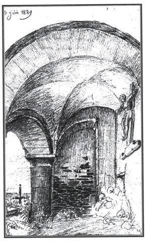 Vue intérieure des vestiges de l'église. Dessin fait le 6 juin 1829.