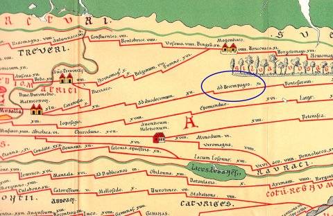 Extrait de la Carte de Peutinger où "ad Decempagos" est indiqué sur la route de Metz à Strasbourg.