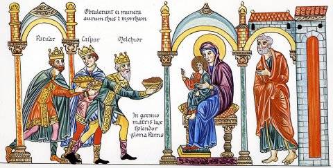 Les Rois Mages du Hortus Deliciarum, A. Christen et Ch. Gries, Hortus Deliciarum. Mise en couleurs Cl. Tisserand-Meyer. Edition Tisserand-Christen, 1981-88. Les Rois Mages du Hortus Deliciarum.