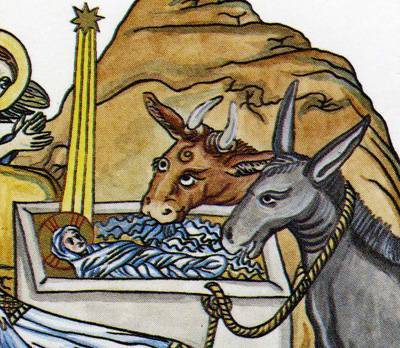 Le boeuf et l'âne de la Nativité du Hortus Deliciarum. , A. Christen et Ch. Gries, Hortus Deliciarum. Mise en couleurs Cl. Tisserand-Meyer. Edition Tisserand-Christen, 1981-88. Le boeuf et l'âne de la Nativité du Hortus Deliciarum.