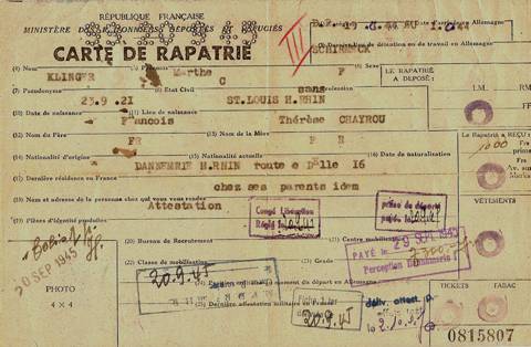 Carte de rapatriée de Mme Klinger.